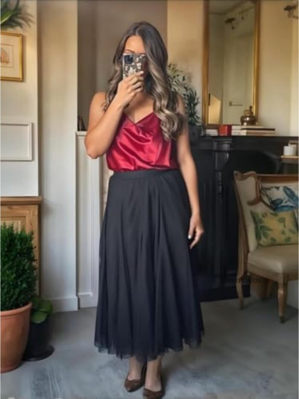 High Waisted A-Line Tulle Midi Skirt Flowy Layered Long Skirt - Picture 2 of 7